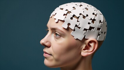 A jigsaw-puzzle brain depicts the struggle of mental illness including dementia and memory loss