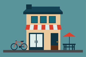 urban townhouse vector with sidewalk cafe and bike.eps