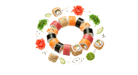 A circular arrangement of assorted sushi rolls with decorative elements like pickled ginger and cucumber slices.