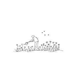 Naklejka premium Person watering flowers in garden with watering can line art illustration drawing spring summer nature plant art 100