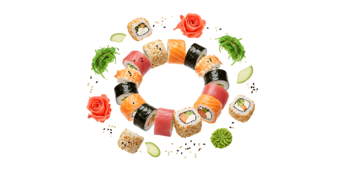 A circular arrangement of assorted sushi rolls with decorative elements like pickled ginger and cucumber slices.