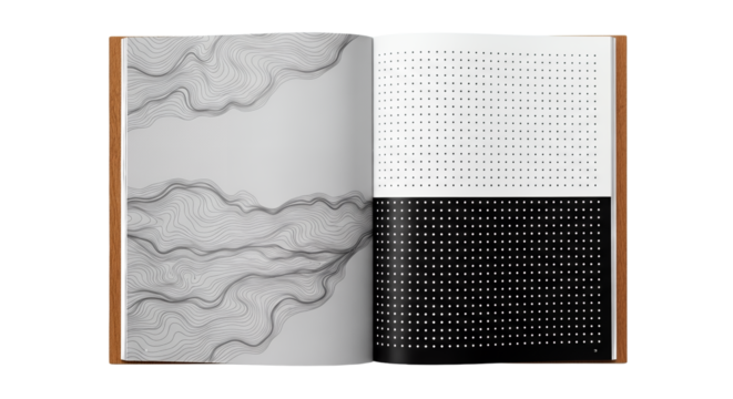 Open Book with Abstract Topographic and Dotted Patterns. - Powered by Adobe