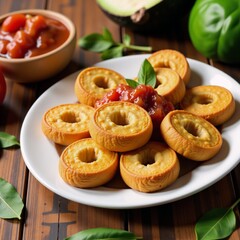 Cool Colorful Caribbean-style appetizer crunchy tostones served with melted cheese and salsa