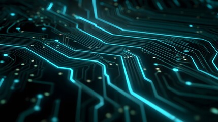Obraz premium Closeup of a Luminous Blue Circuit Board with Glowing Traces and Futuristic Connections, Representing Digital Technology