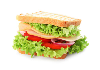 Yummy sandwich with ham and vegetables isolated on white