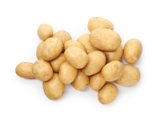 Many fresh raw potatoes isolated on white, top view