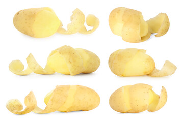 Fresh potatoes with peels isolated on white, set