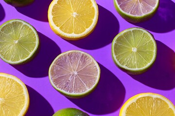 Top Down View Of Citrus Fruits Slices With Limes And Lemons Against A Vibrant Purple Background
