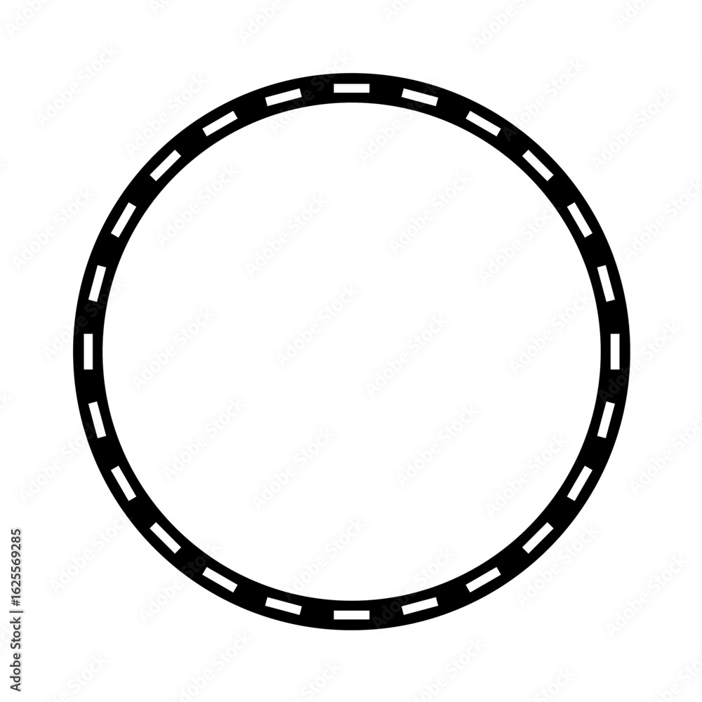 Poster a simple black and white circular design featuring a dashed border.