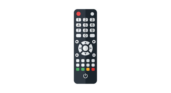 Black remote control with white buttons and red power button icon.