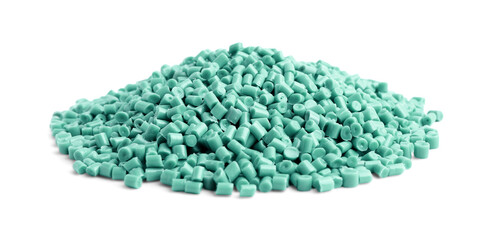 Pile of turquoise plastic granules isolated on white