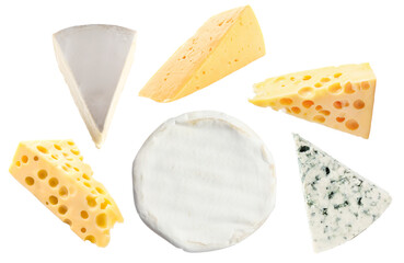 Different kinds of cheese isolated on white, set