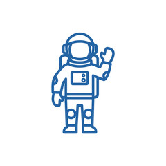 A friendly astronaut in a blue outline, waving hello from outer space, representing exploration and discovery.