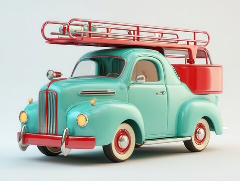 Retro Teal and Red Vintage Pickup Truck with Roof Rack