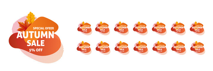 Autumn Sale Banners 5, 10, 15, 20, 25, 30, 35, 40, 45, 50, 55, 60, 65, 70, 75 Percent Off  Modern Vector Graphics for Marketing