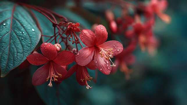 Close up of red flowers and green leaves with water droplets on petals. - Powered by Adobe