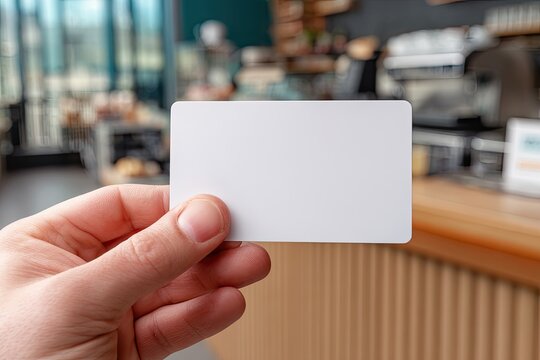 Hand holding blank white card in cafe (1)