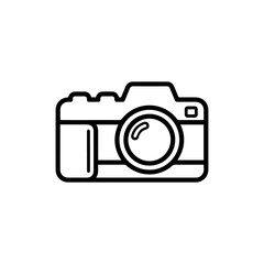 Black line art camera icon rounded body lens shutter button minimalist style on white