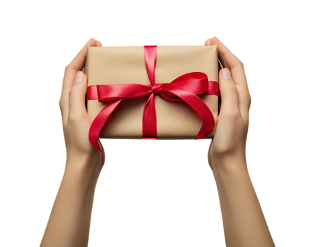 Hands holding gift box with red ribbon isolated on a transparent background