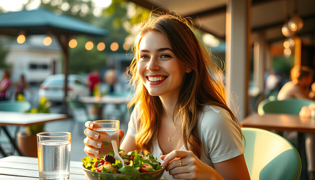 Smiling Woman at Outdoor Cafe: A beautiful woman with a radiant smile enjoys a fresh and healthy salad at an outdoor cafe, embraced by natural light and a relaxed atmosphere. - Powered by Adobe
