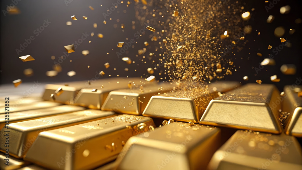 Poster gold bar stack concept ,gold bars breaking into particles, creating stunning visual effect of wealth