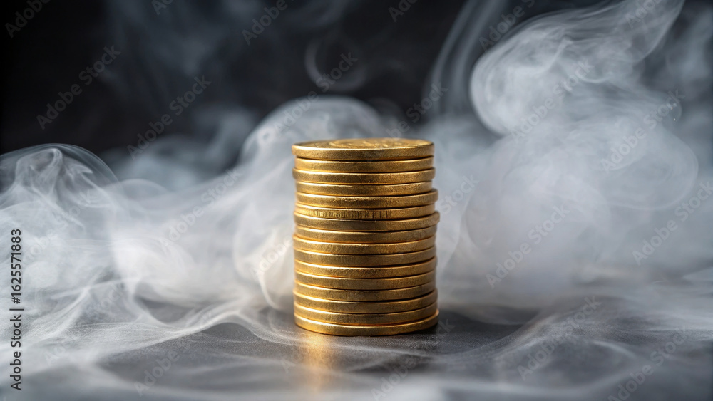 Poster gold bar stack concept ,stack of gold coins surrounded by soft smoke, creating mysterious and luxuri