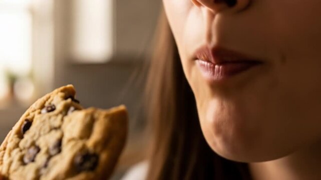 Close-up sequence of a woman enjoying a freshly baked chocolate chip cookie displaying joy