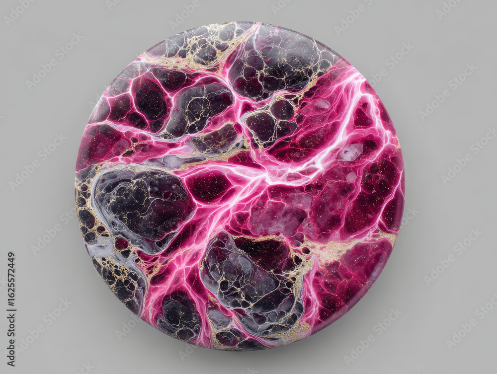 Poster vibrant circular abstract design features dynamic patterns with vivid pink, black, and gold marbling