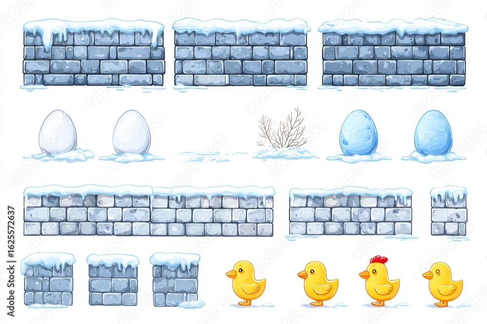 Poster winter-themed platform game tiles that are colorful and feature snow-covered blocks with a hidden eg