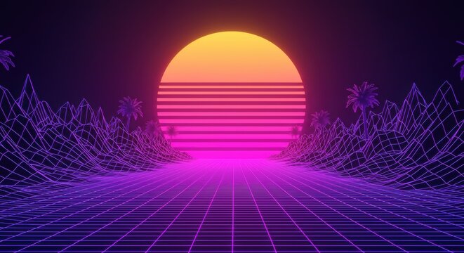 Retro synthwave sunset drives through neon grid landscape with palm trees, 80s vibe