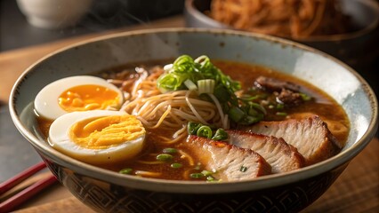 A close up shot of a bowl of ramen with egg meat and green onions on top of a wooden surface