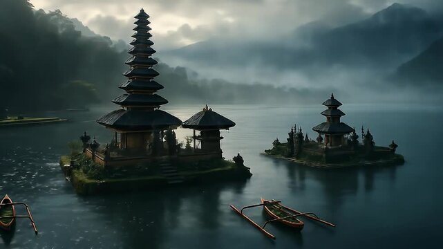 Misty lake temples