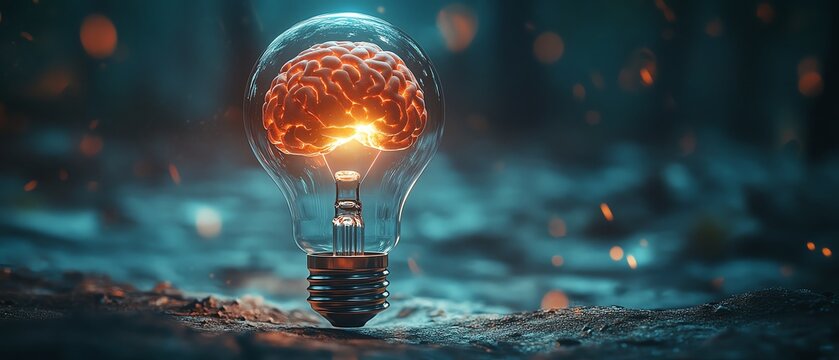 Futuristic AI concept with a brain inside a glowing lightbulb, symbolizing the merging of intelligence and technology, 3D rendering with a sleek, modern style