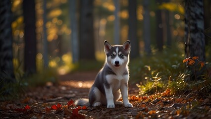 An adorable Siberian Husky puppy sitting on a forest path covered with colorful autumn leaves during a sunny day. Cute animal concept