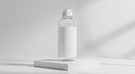 Minimalist clear pump bottle with clean white label on pedestal, showcasing product presentation