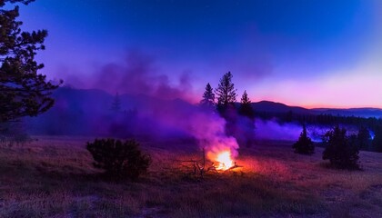 violet smoke rises from a distant campfire in the twilight