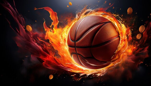 vibrant abstract art with basketball elements and fiery touches