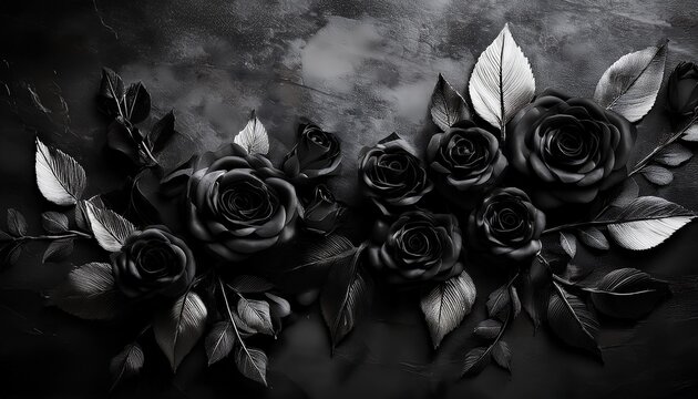 artistic image featuring elegant black roses resting on a textured dark background symbolizing mystery and beauty