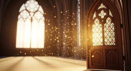 Ai generated image of magical golden light streams through a gothic arched doorway and window in a grand hall, illuminating floating particles