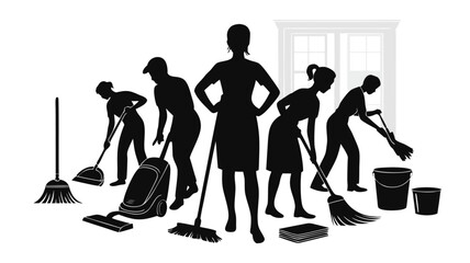 Cleaning Crew Silhouette Illustration Professional Maids with Vacuum, Brooms, and Cleaning Buckets