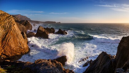 Obraz premium turbulent ocean waves crash against rugged rocky cliffs under natural sunlight