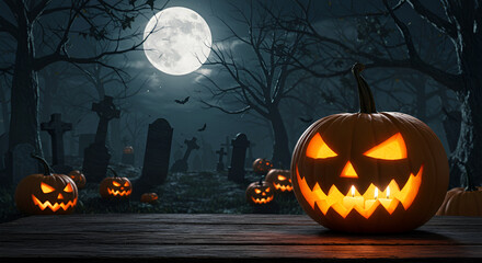 Spooky Halloween scene with glowing Jack-o'-lantern, candles, and graveyard under a mystical full moon night.

