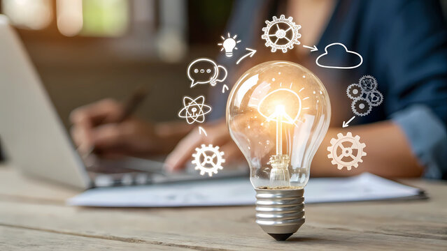 Creative idea generation process innovation concept with lightbulb and technology icons on laptop desk