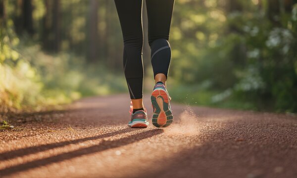Jogging on a forest path sunlit trail fitness footwear detail