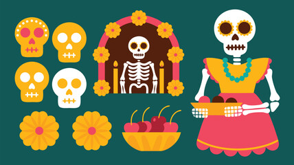 Fototapeta premium Colorful Day of the Dead Illustration Skeletons, Sugar Skulls, Marigolds, and Offerings