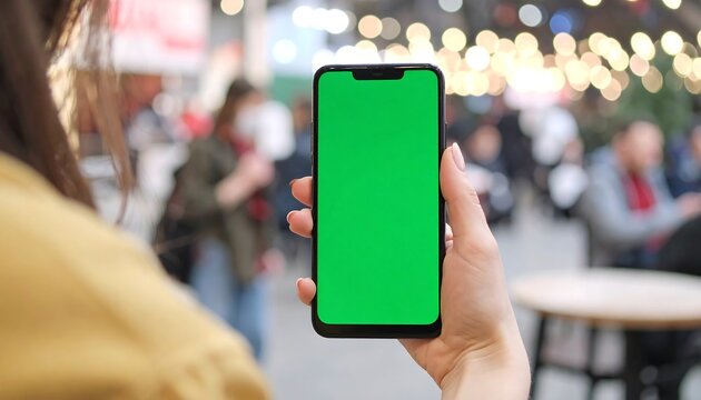 Person holding phone with green screen