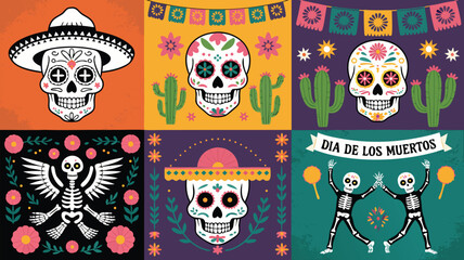 Colorful Dia de los Muertos Art Sugar Skulls, Skeletons, Cactus, Maracas, Banners, and Festive Motifs