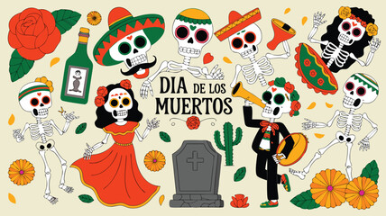 Colorful Dia de los Muertos Celebration Skeletons, Flowers, Sombreros, and Festive Decorations Illustration