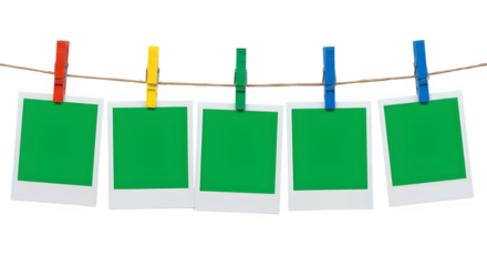 A row of five Chroma key Green format Polaroid frames pinned on a rope with clothespins, , isolated on white or transparent background. PNG