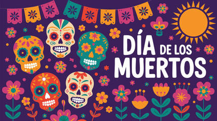 Colorful Día de los Muertos Illustration with Skulls, Flowers, Garland, and Festive Decorations